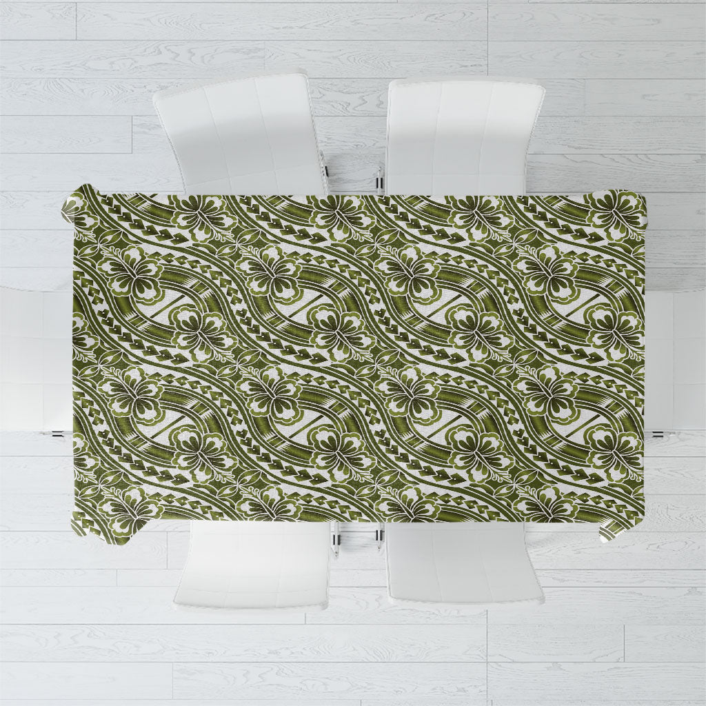 Hibiscus Bloom Island Tribal Waves Tablecloth Olive Green Polynesian Pattern