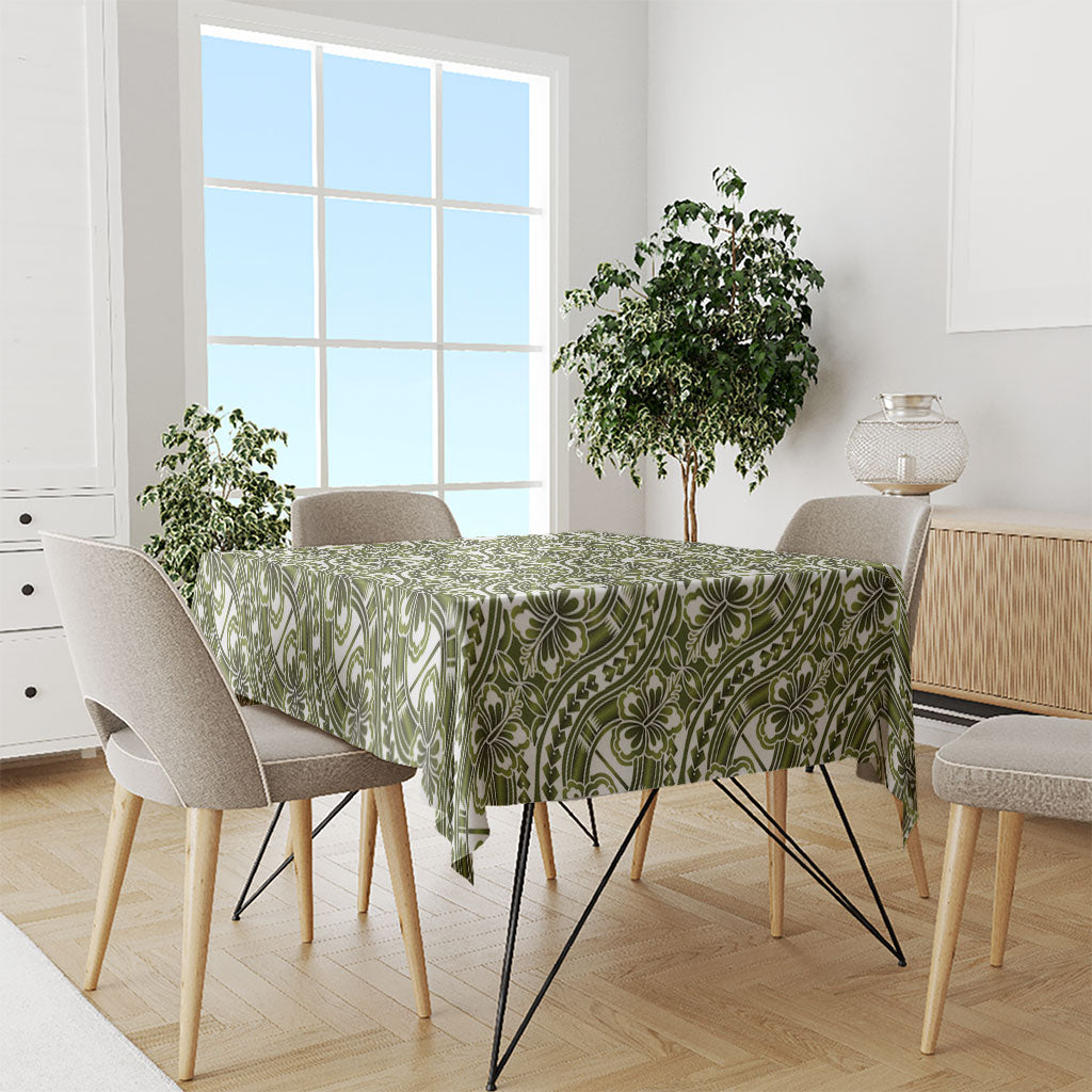 Hibiscus Bloom Island Tribal Waves Tablecloth Olive Green Polynesian Pattern