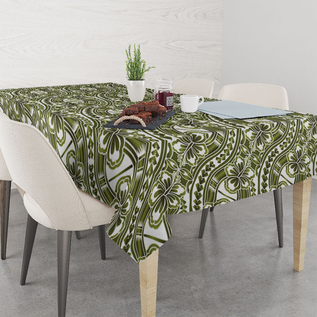 Hibiscus Bloom Island Tribal Waves Tablecloth Olive Green Polynesian Pattern