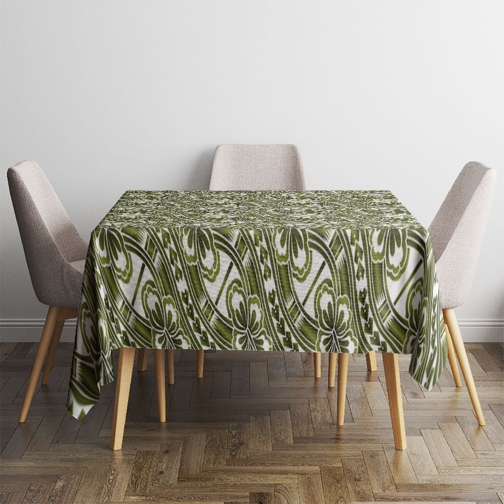 Hibiscus Bloom Island Tribal Waves Tablecloth Olive Green Polynesian Pattern