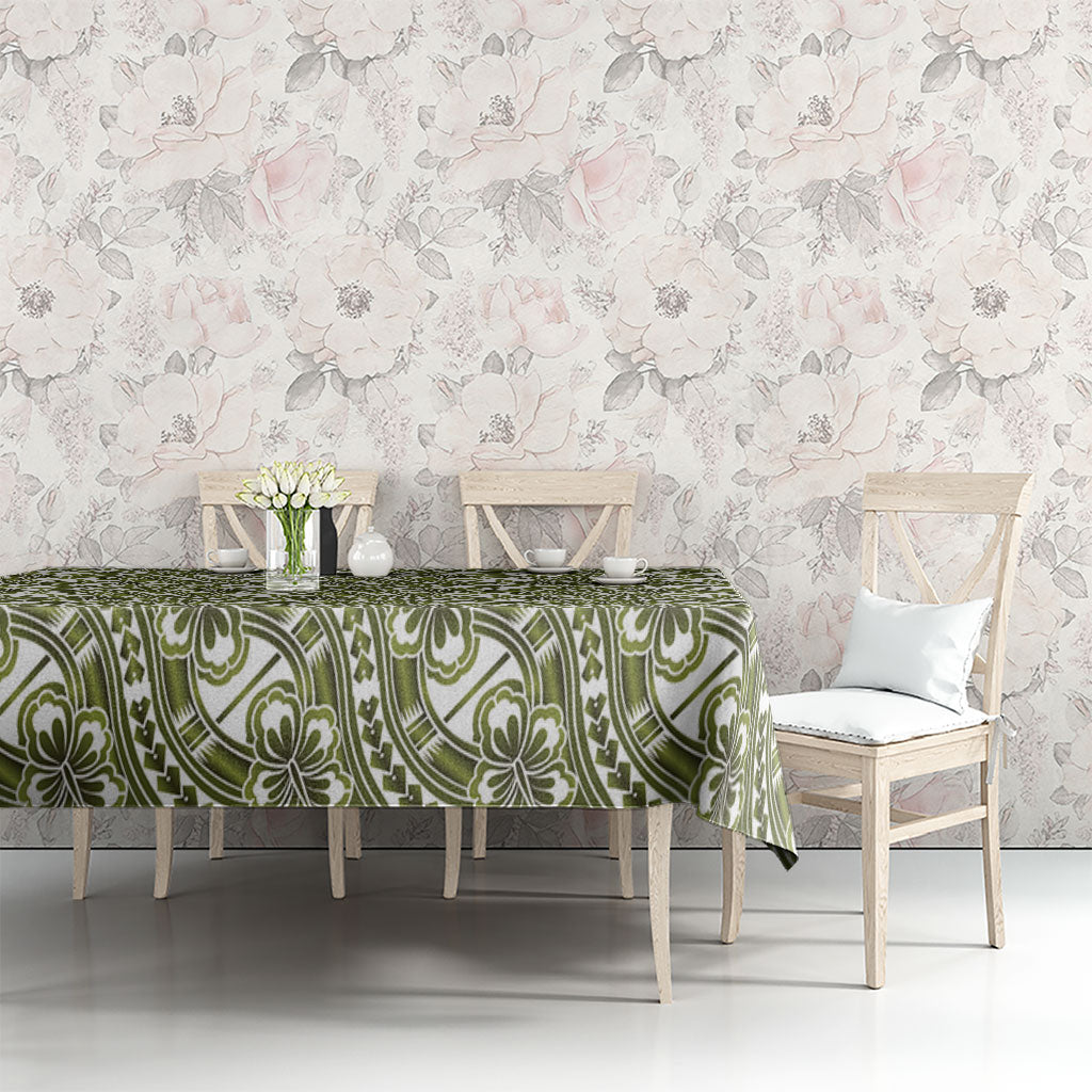 Hibiscus Bloom Island Tribal Waves Tablecloth Olive Green Polynesian Pattern