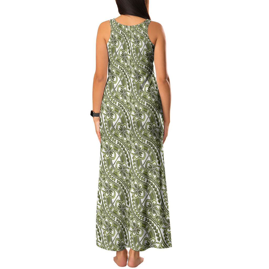 Hibiscus Bloom Island Tribal Waves Tank Maxi Dress Olive Green Polynesian Pattern LT01 - Polynesian Pride