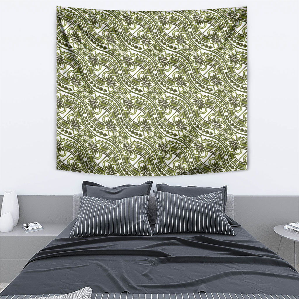 Hibiscus Bloom Island Tribal Waves Tapestry Olive Green Polynesian Pattern
