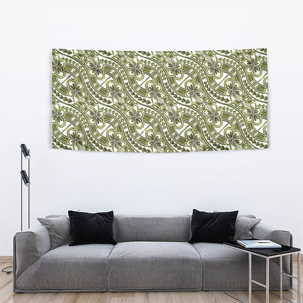 Hibiscus Bloom Island Tribal Waves Tapestry Olive Green Polynesian Pattern