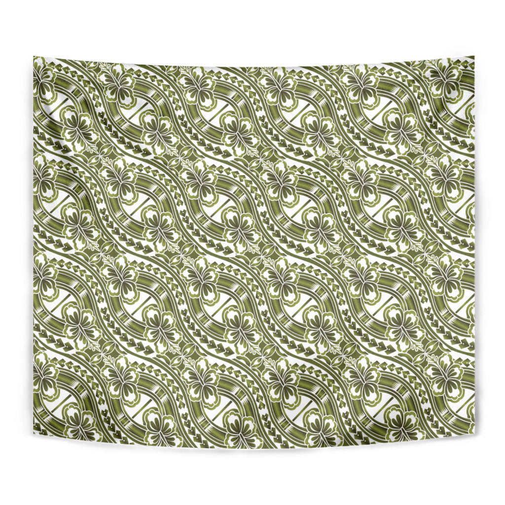 Hibiscus Bloom Island Tribal Waves Tapestry Olive Green Polynesian Pattern