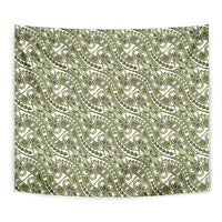 Hibiscus Bloom Island Tribal Waves Tapestry Olive Green Polynesian Pattern