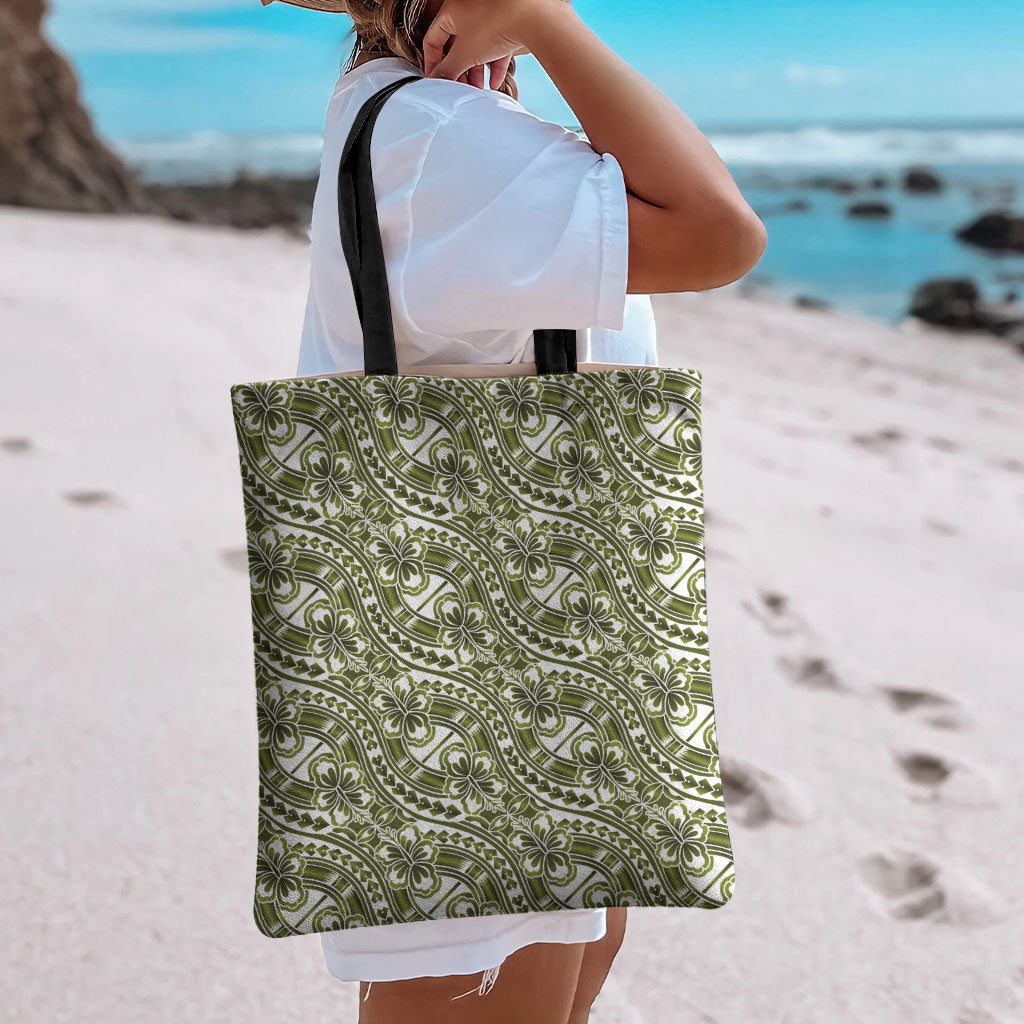 Hibiscus Bloom Island Tribal Waves Tote Bag Olive Green Polynesian Pattern LT01 - Polynesian Pride