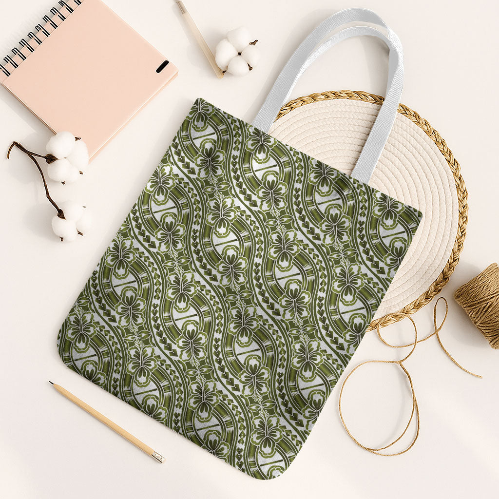 Hibiscus Bloom Island Tribal Waves Tote Bag Olive Green Polynesian Pattern LT01 White Strap One Size Olive Green - Polynesian Pride