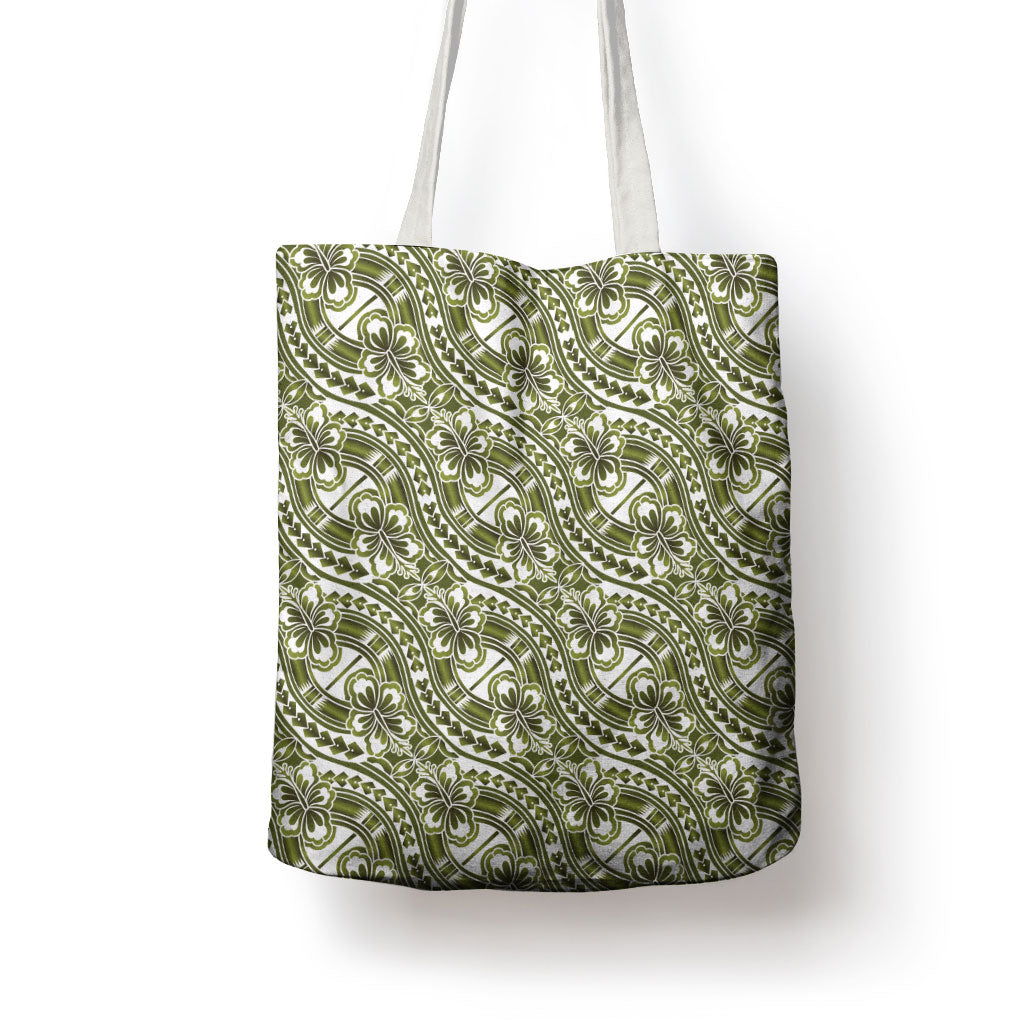 Hibiscus Bloom Island Tribal Waves Tote Bag Olive Green Polynesian Pattern LT01 - Polynesian Pride