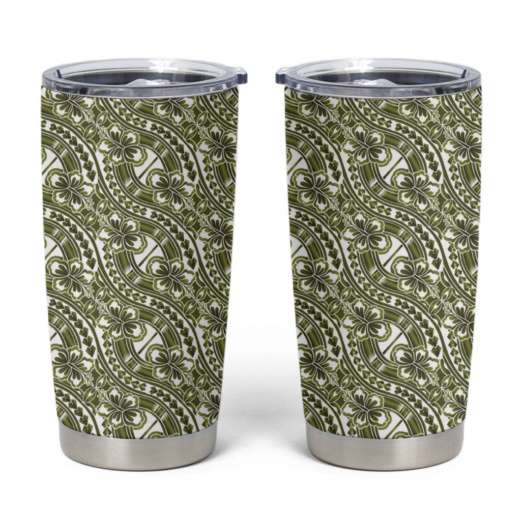 Hibiscus Bloom Island Tribal Waves Tumbler Cup Olive Green Polynesian Pattern