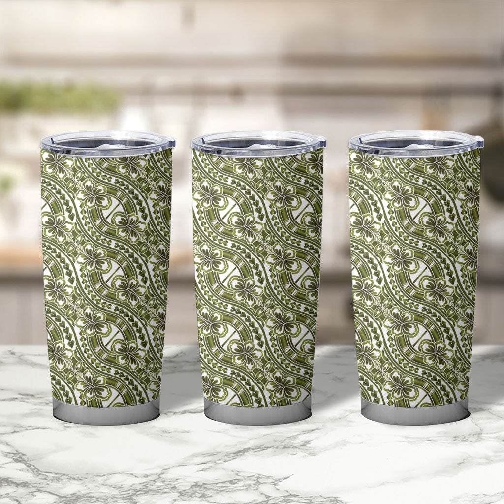 Hibiscus Bloom Island Tribal Waves Tumbler Cup Olive Green Polynesian Pattern