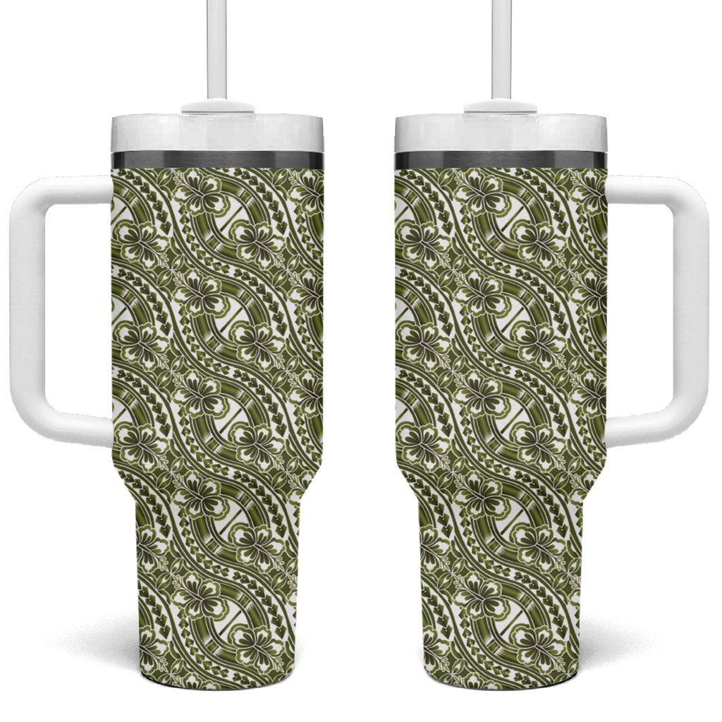 Hibiscus Bloom Island Tribal Waves Tumbler With Handle Olive Green Polynesian Pattern