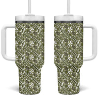 Hibiscus Bloom Island Tribal Waves Tumbler With Handle Olive Green Polynesian Pattern