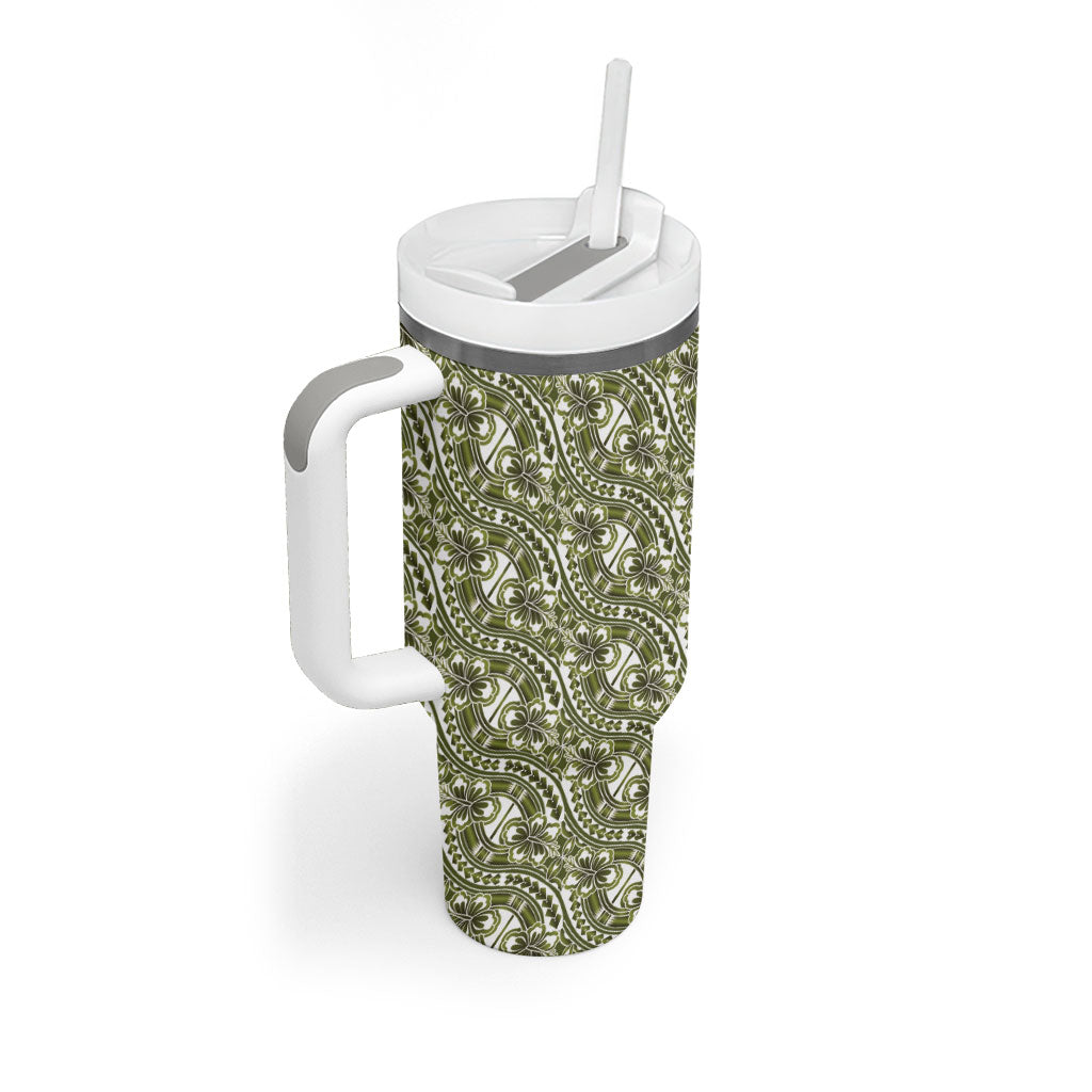 Hibiscus Bloom Island Tribal Waves Tumbler With Handle Olive Green Polynesian Pattern