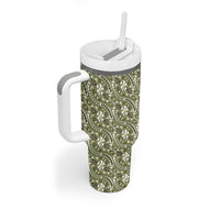 Hibiscus Bloom Island Tribal Waves Tumbler With Handle Olive Green Polynesian Pattern