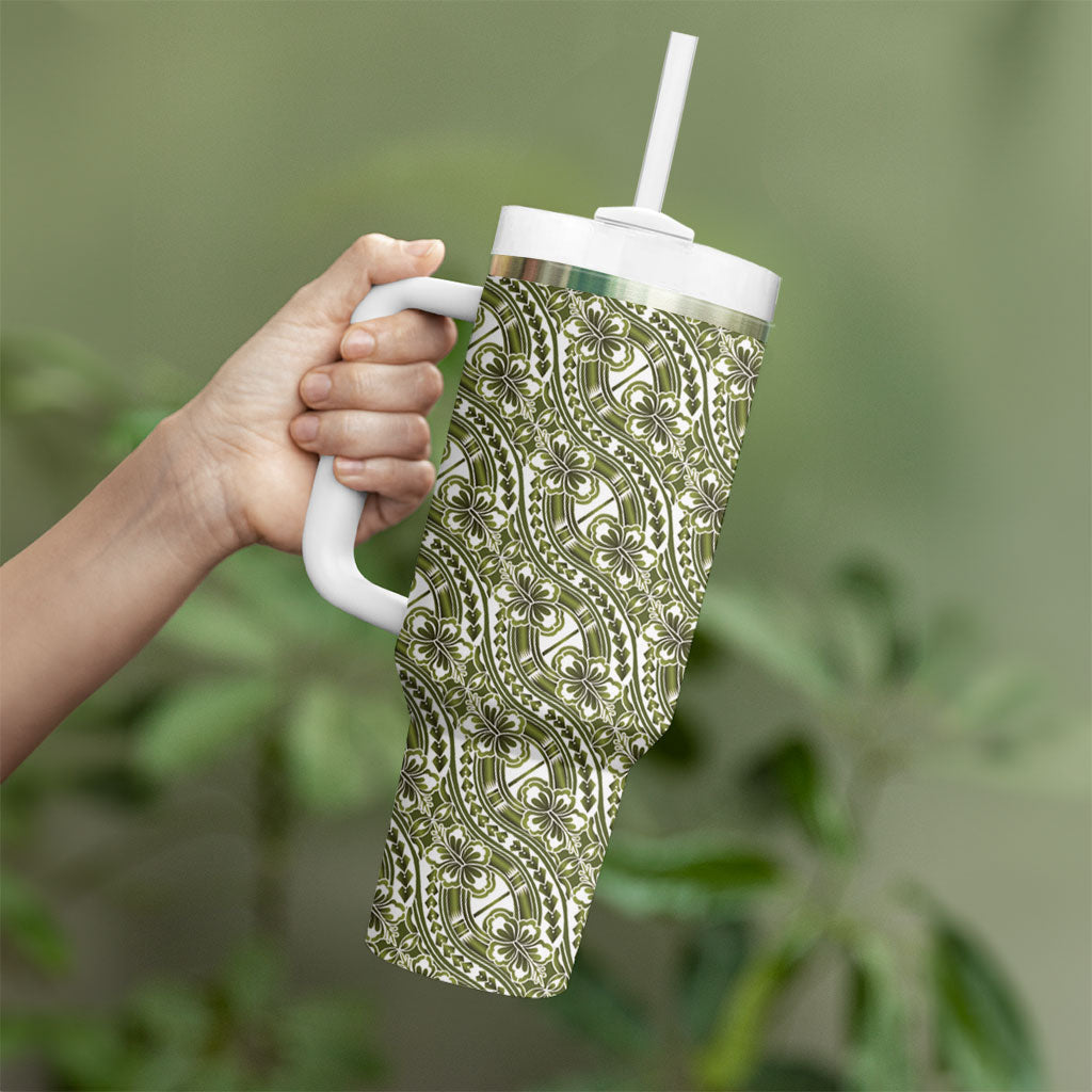 Hibiscus Bloom Island Tribal Waves Tumbler With Handle Olive Green Polynesian Pattern