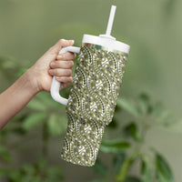 Hibiscus Bloom Island Tribal Waves Tumbler With Handle Olive Green Polynesian Pattern