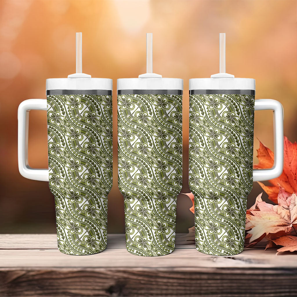 Hibiscus Bloom Island Tribal Waves Tumbler With Handle Olive Green Polynesian Pattern