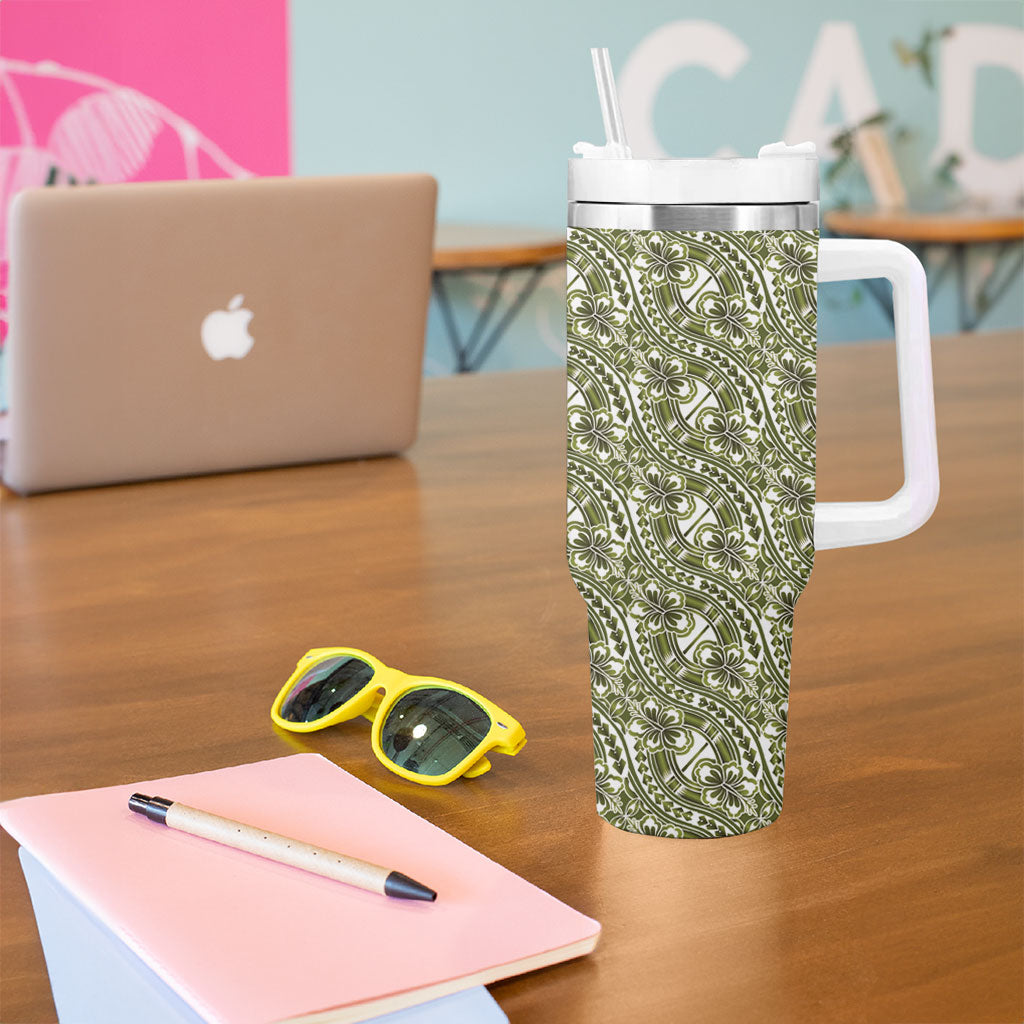 Hibiscus Bloom Island Tribal Waves Tumbler With Handle Olive Green Polynesian Pattern