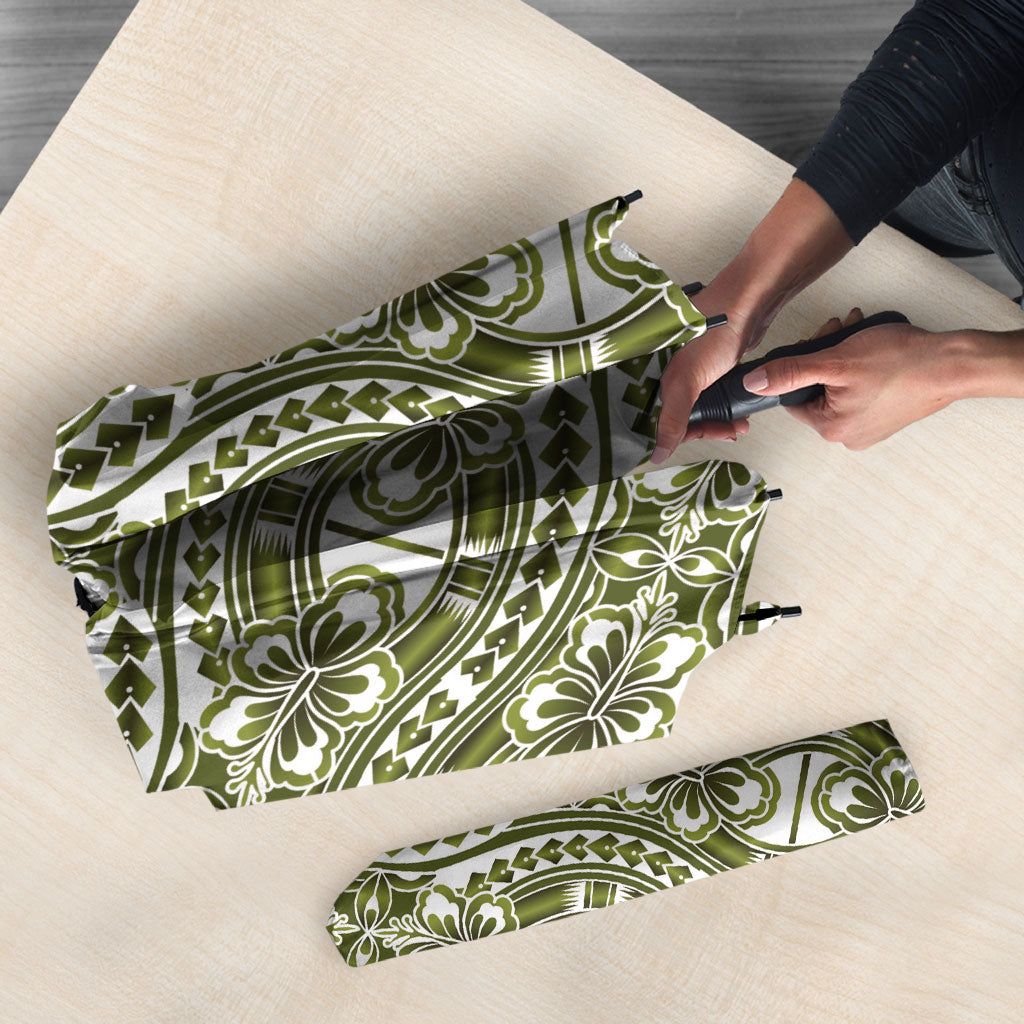 Hibiscus Bloom Island Tribal Waves Umbrella Olive Green Polynesian Pattern LT01 - Polynesian Pride