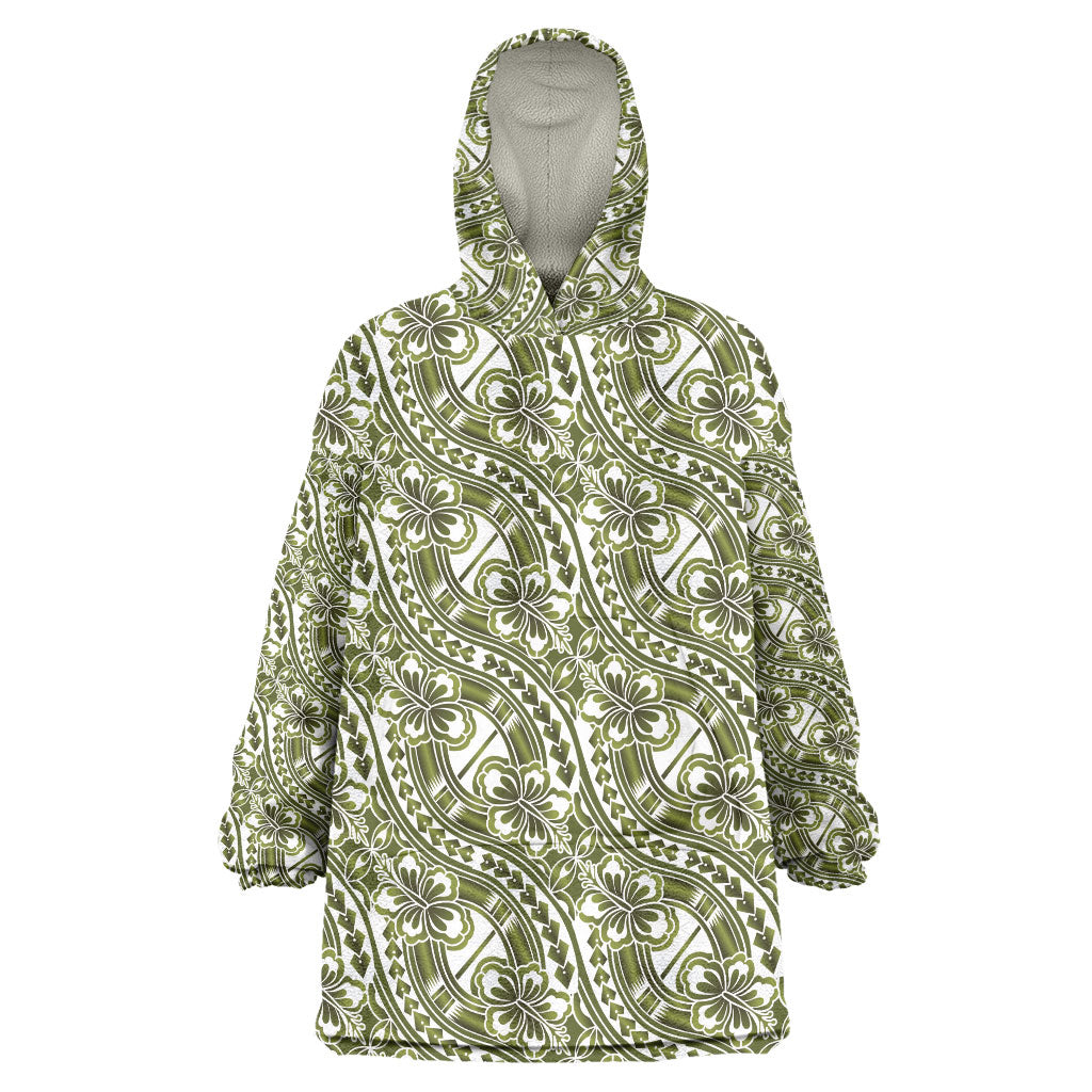 Hibiscus Bloom Island Tribal Waves Wearable Blanket Hoodie Olive Green Polynesian Pattern LT01 One Size Olive Green - Polynesian Pride