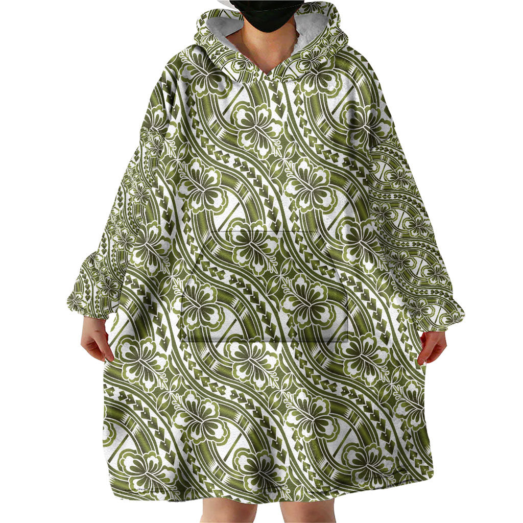 Hibiscus Bloom Island Tribal Waves Wearable Blanket Hoodie Olive Green Polynesian Pattern LT01 - Polynesian Pride