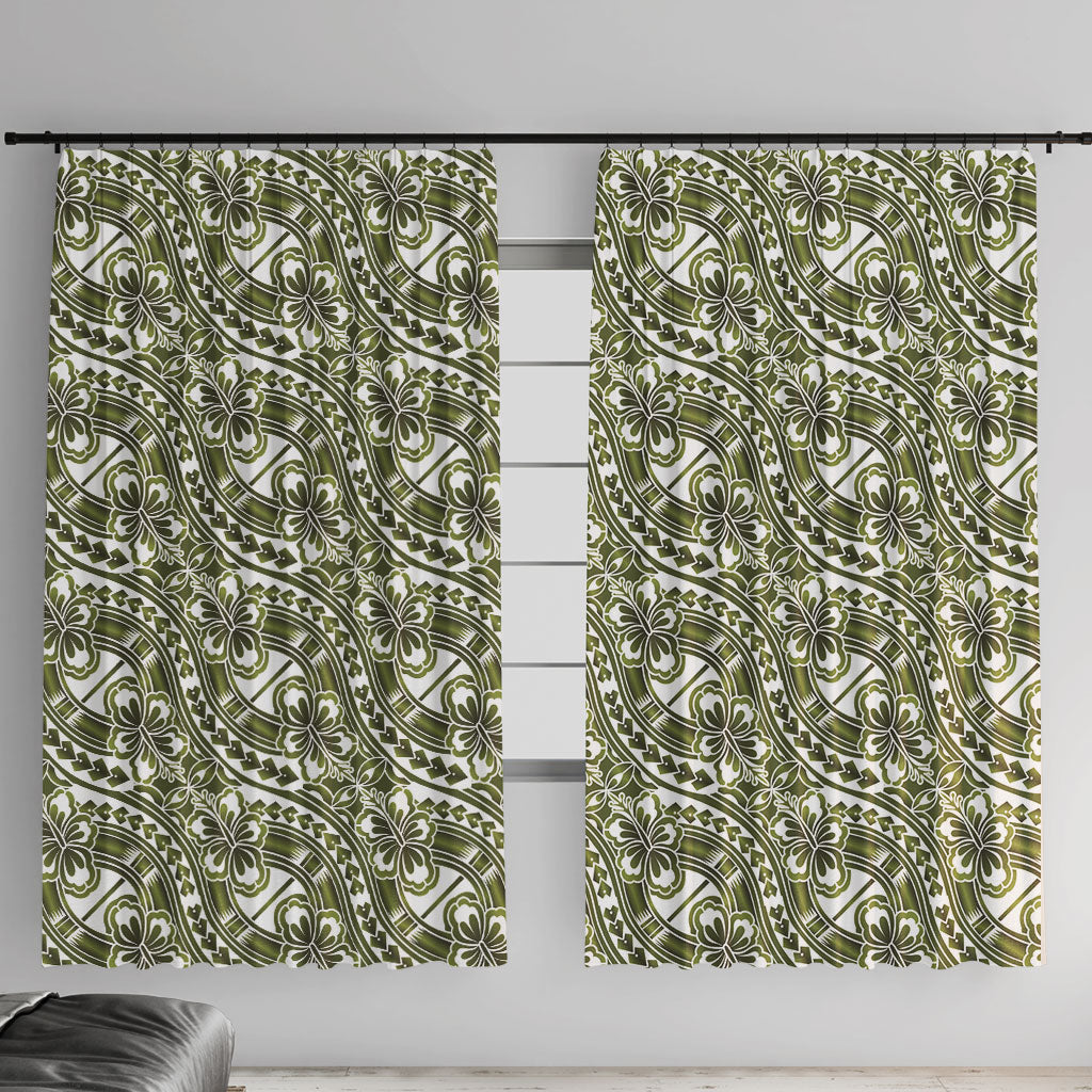 Hibiscus Bloom Island Tribal Waves Window Curtain Olive Green Polynesian Pattern