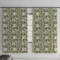 Hibiscus Bloom Island Tribal Waves Window Curtain Olive Green Polynesian Pattern