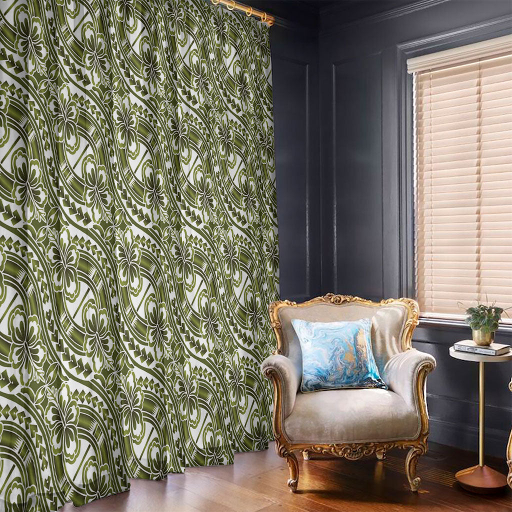 Hibiscus Bloom Island Tribal Waves Window Curtain Olive Green Polynesian Pattern