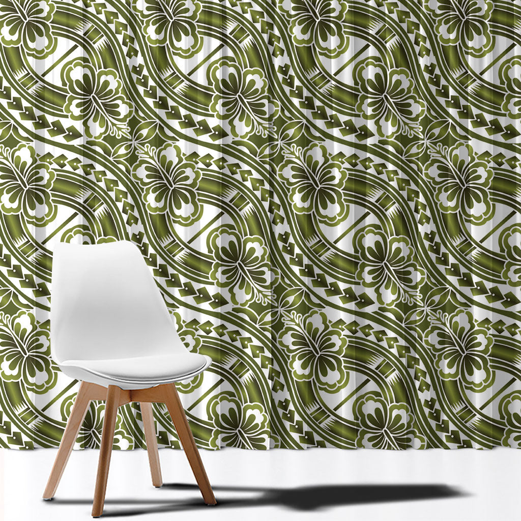 Hibiscus Bloom Island Tribal Waves Window Curtain Olive Green Polynesian Pattern