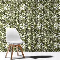 Hibiscus Bloom Island Tribal Waves Window Curtain Olive Green Polynesian Pattern