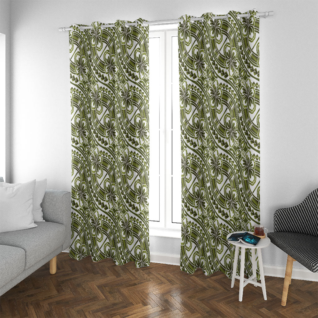 Hibiscus Bloom Island Tribal Waves Window Curtain Olive Green Polynesian Pattern