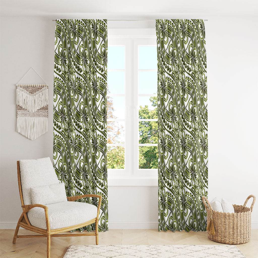 Hibiscus Bloom Island Tribal Waves Window Curtain Olive Green Polynesian Pattern