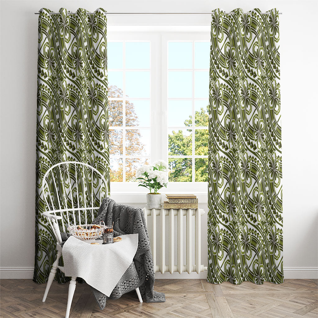 Hibiscus Bloom Island Tribal Waves Window Curtain Olive Green Polynesian Pattern