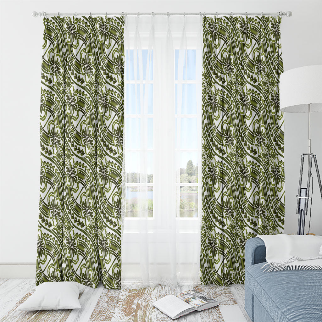 Hibiscus Bloom Island Tribal Waves Window Curtain Olive Green Polynesian Pattern