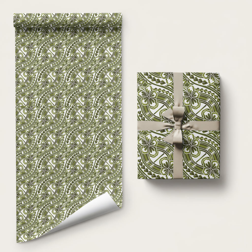 Hibiscus Bloom Island Tribal Waves Wrapping Paper Olive Green Polynesian Pattern