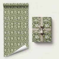 Hibiscus Bloom Island Tribal Waves Wrapping Paper Olive Green Polynesian Pattern