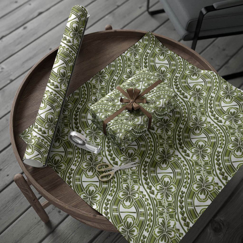 Hibiscus Bloom Island Tribal Waves Wrapping Paper Olive Green Polynesian Pattern