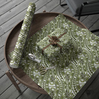 Hibiscus Bloom Island Tribal Waves Wrapping Paper Olive Green Polynesian Pattern