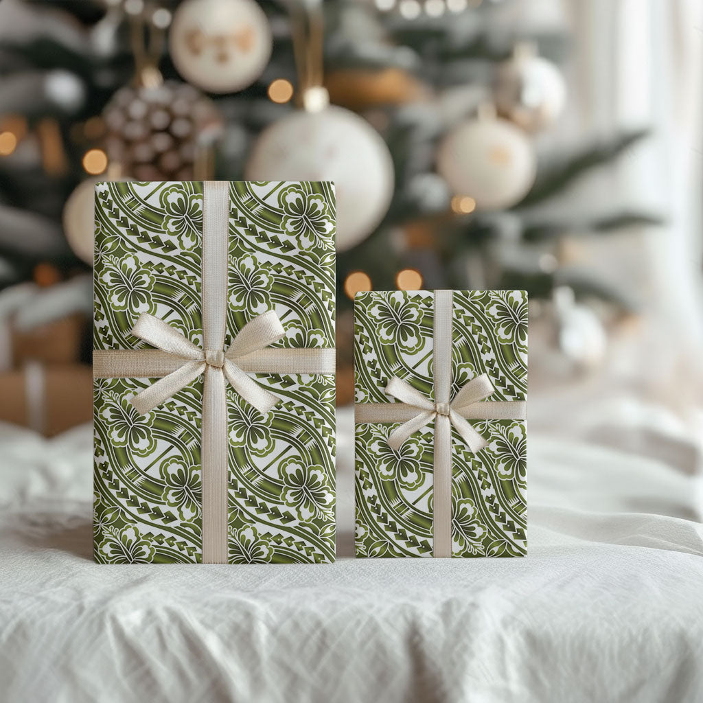 Hibiscus Bloom Island Tribal Waves Wrapping Paper Olive Green Polynesian Pattern