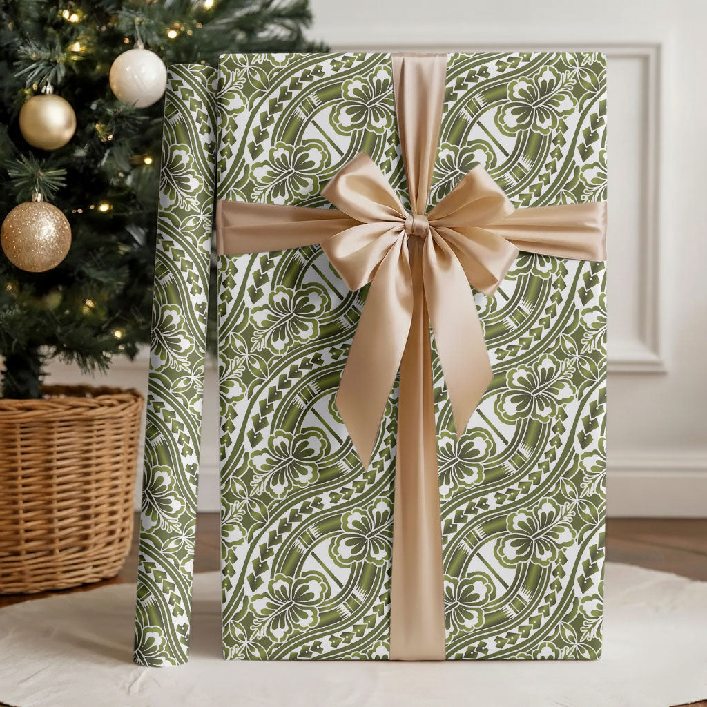 Hibiscus Bloom Island Tribal Waves Wrapping Paper Olive Green Polynesian Pattern