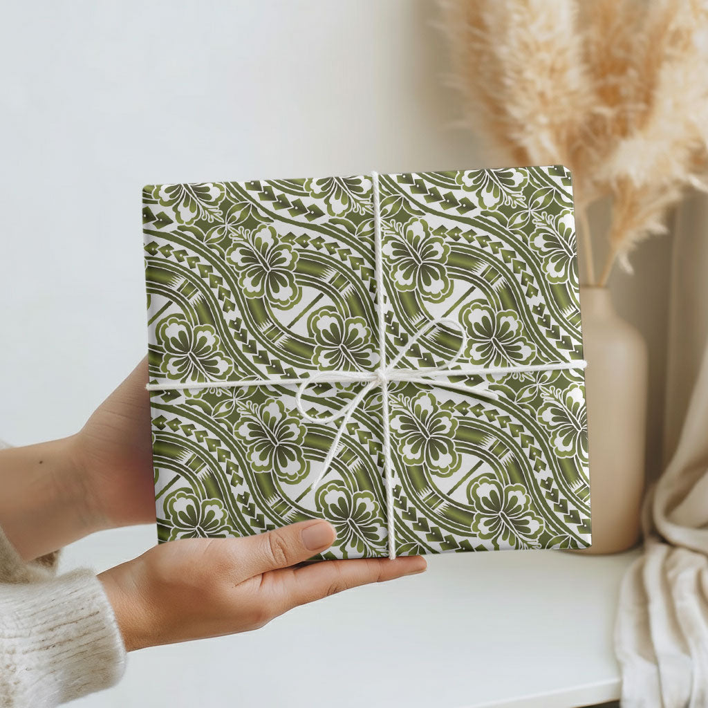 Hibiscus Bloom Island Tribal Waves Wrapping Paper Olive Green Polynesian Pattern