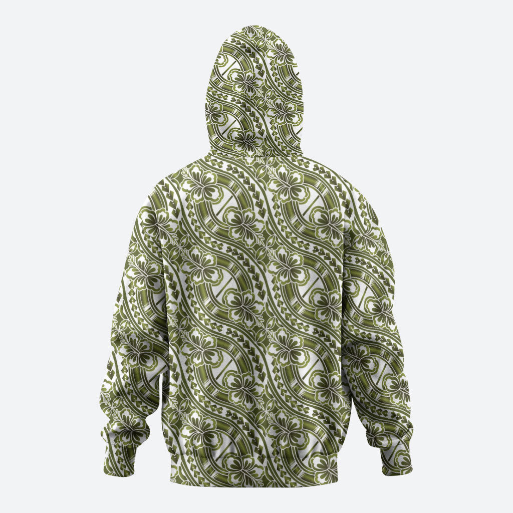 Hibiscus Bloom Island Tribal Waves Zip Hoodie Olive Green Polynesian Pattern LT01 - Polynesian Pride
