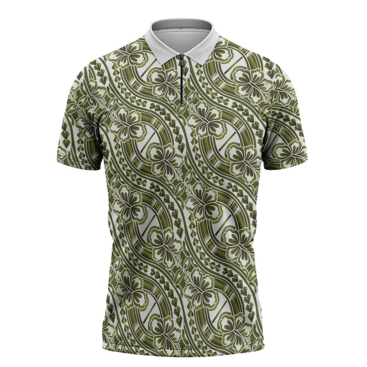 Hibiscus Bloom Island Tribal Waves Zipper Polo Shirt Olive Green Polynesian Pattern