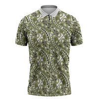 Hibiscus Bloom Island Tribal Waves Zipper Polo Shirt Olive Green Polynesian Pattern
