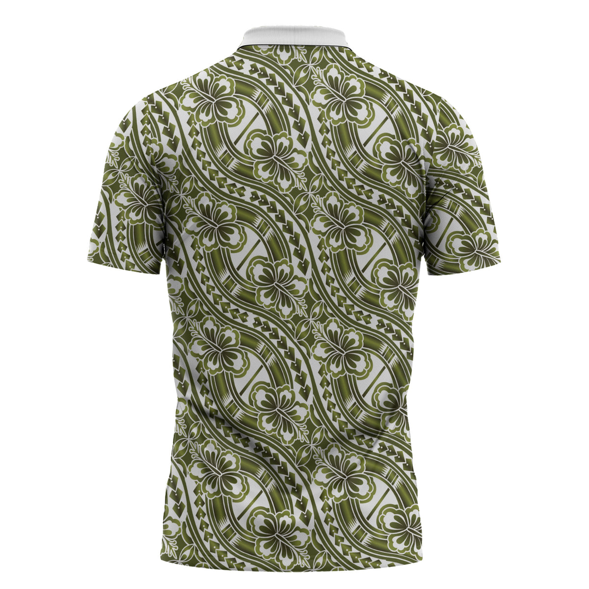 Hibiscus Bloom Island Tribal Waves Zipper Polo Shirt Olive Green Polynesian Pattern