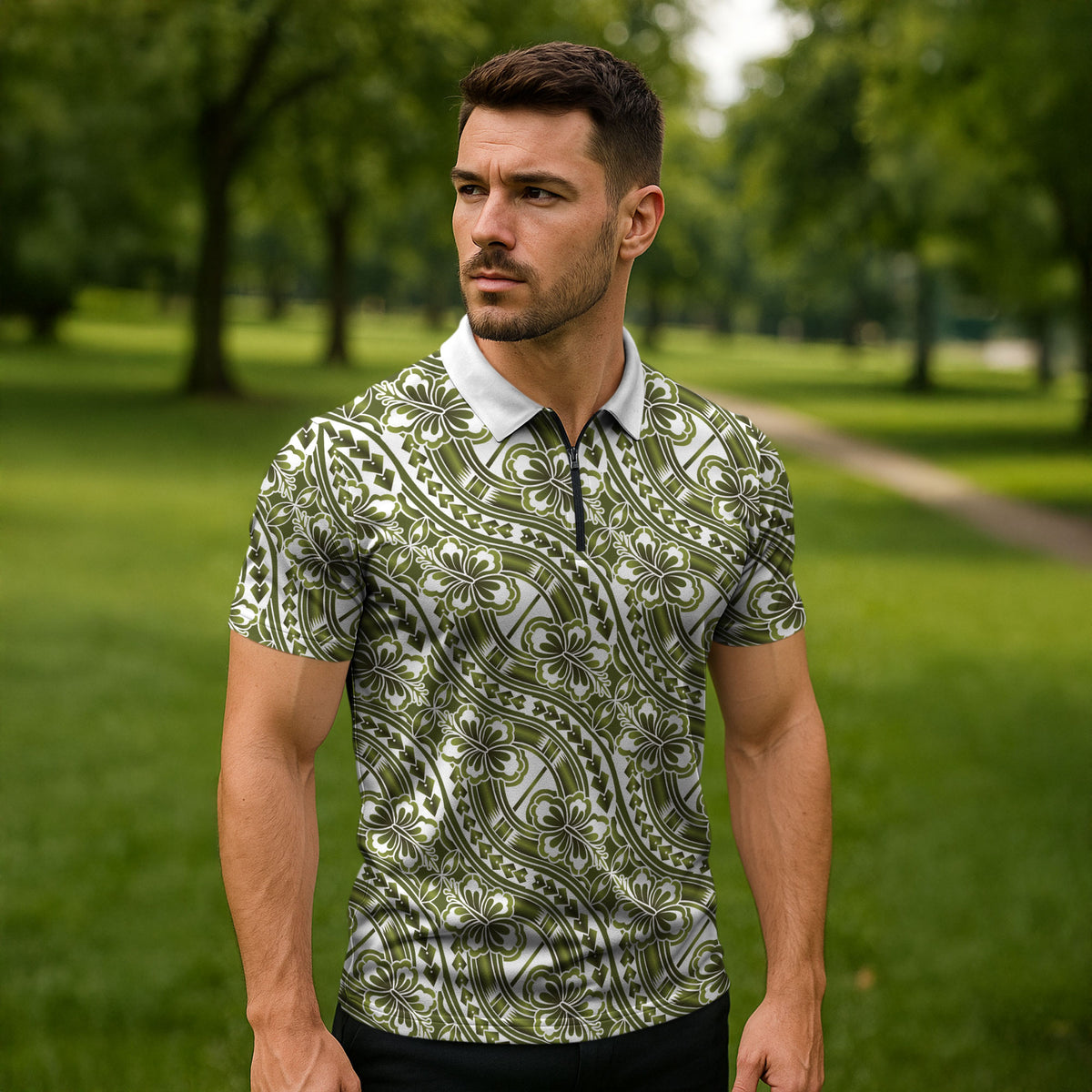 Hibiscus Bloom Island Tribal Waves Zipper Polo Shirt Olive Green Polynesian Pattern