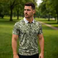 Hibiscus Bloom Island Tribal Waves Zipper Polo Shirt Olive Green Polynesian Pattern
