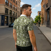 Hibiscus Bloom Island Tribal Waves Zipper Polo Shirt Olive Green Polynesian Pattern