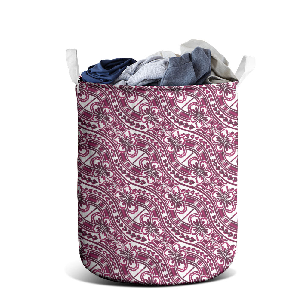 Hibiscus Bloom Island Tribal Waves Laundry Basket Pink Polynesian Pattern